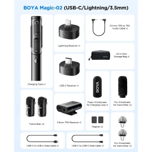 میکروفون یقه ای بی سیم دوکاربره بویا مدل BOYA MAGIC 02 رابط Type-C و Lightning و جک 3.5 میلی متری